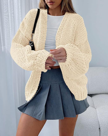 Damen Cardigan Weich Strick Voluminöse Ärmel Offene Front Beige