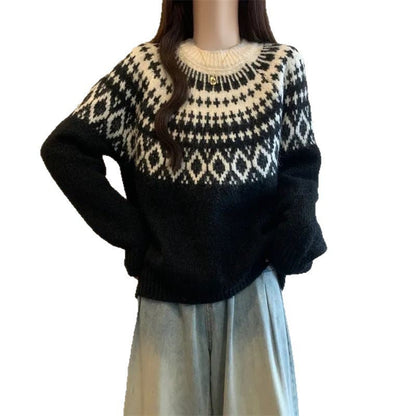 Damen Strickpullover Nordisches Muster Weich Grau