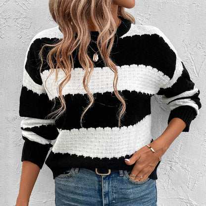 Damen Pullover Gestrickt Blockstreifen Lässig Beige - Eveloria