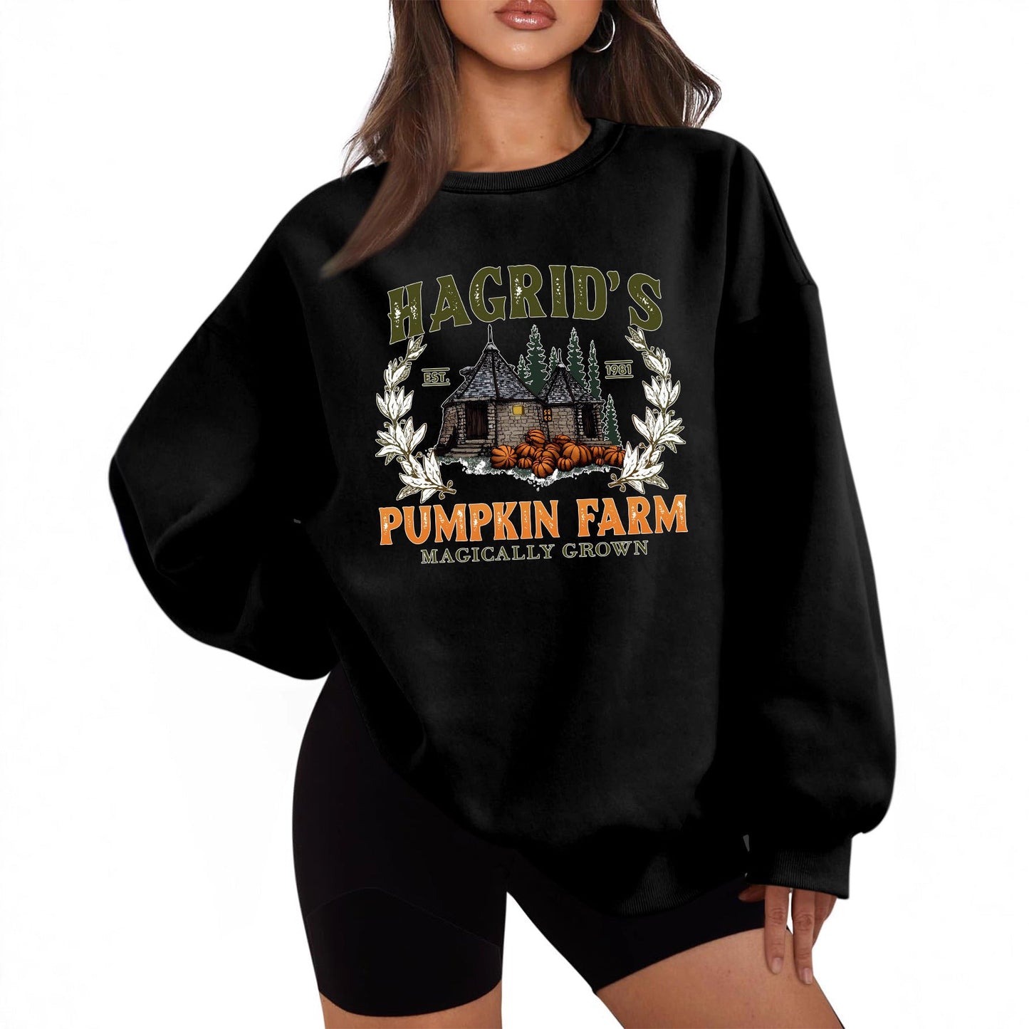 Damen Sweatshirt Rundhalsausschnitt Kürbis-Motiv Herbstlich