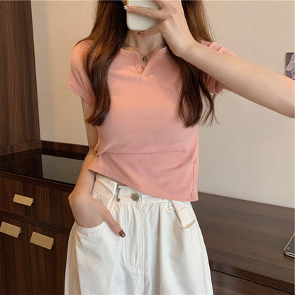 Damen T-Shirt Cropped Baumwolle Figurbetont Dunkelblau