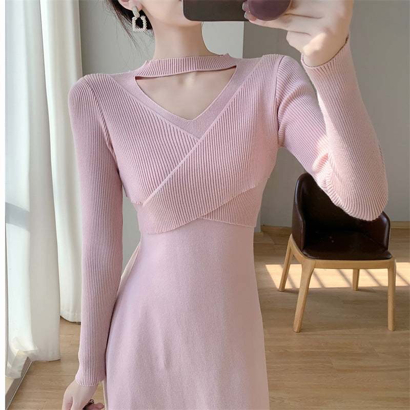 Damen Strickkleid Wickeldesign Cut-Out Elegant