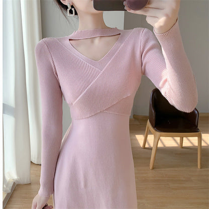 Damen Strickkleid Wickeldesign Cut-Out Elegant