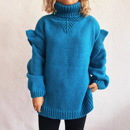 Damen Strickpullover Hohler Kragen Rüschen-Details Eveloria