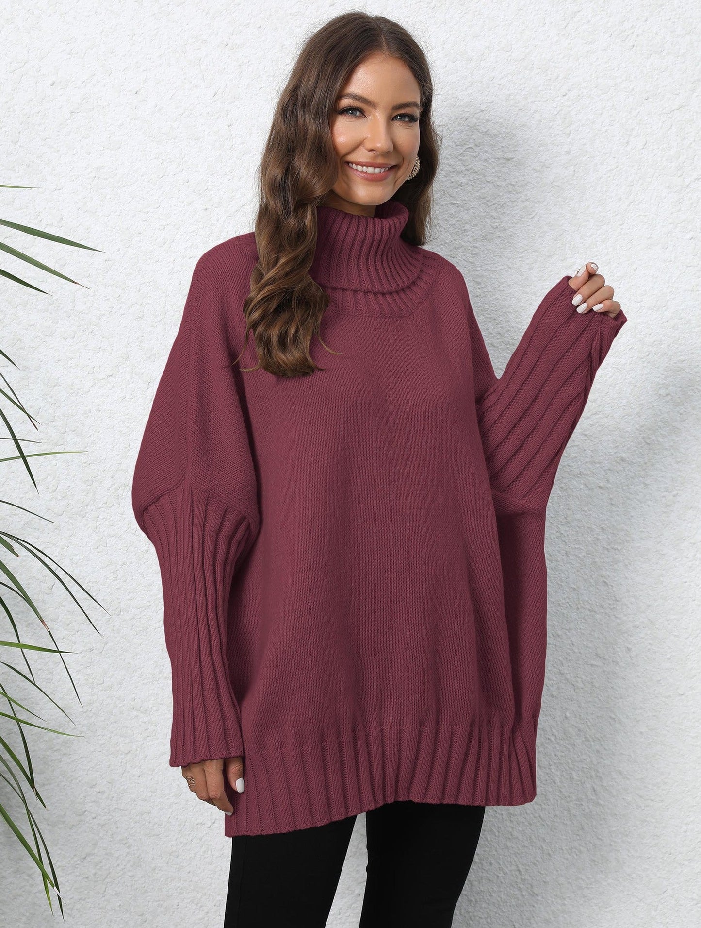 Damen Oversized Strickpullover Hochkragen Voluminöse Ärmel