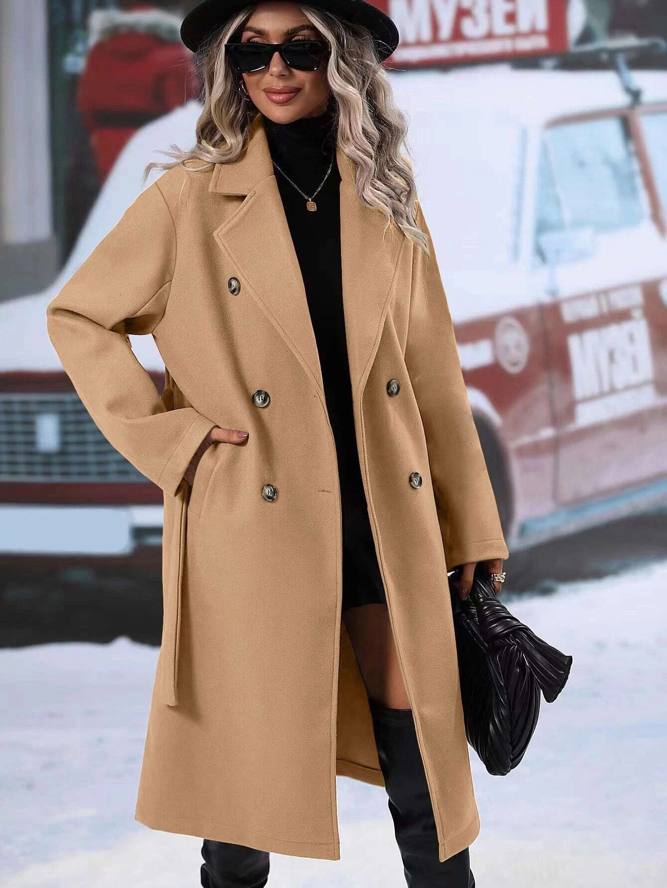 Damen Oversized-Mantel Doppelter Knopfleiste Gürtel Eveloria