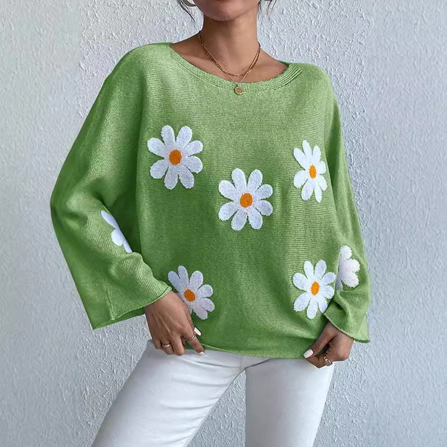 Damen Strickpullover Blumendesign Weit