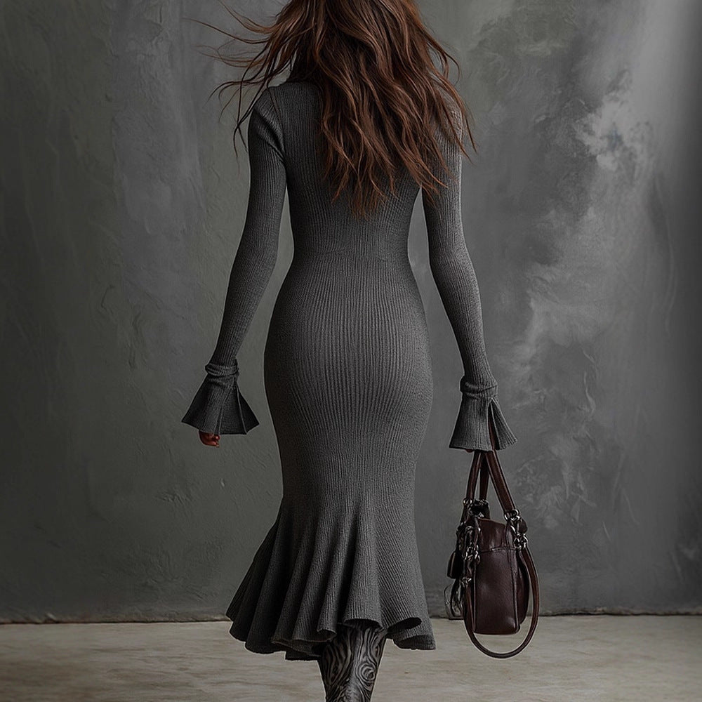 Damen Strickkleid Voluminöser Saum Mit Reißverschluss Anthrazit