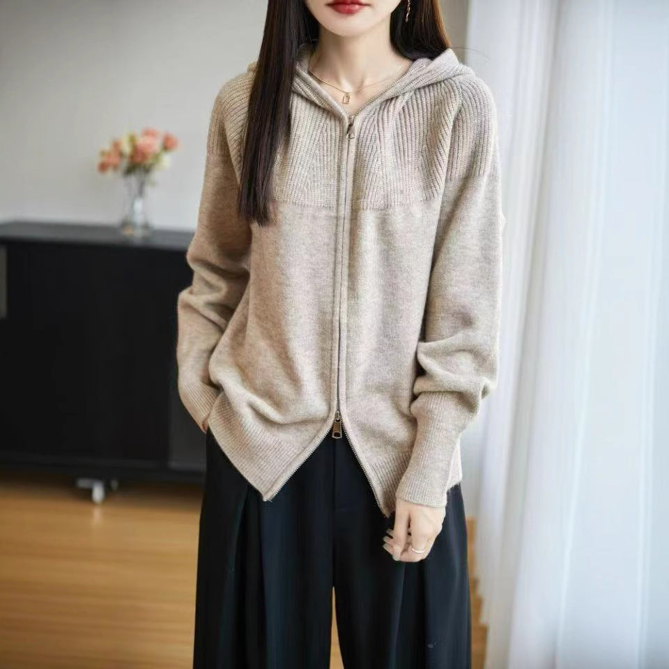 Damen Strickjacke Kapuze Reißverschluss Eveloria