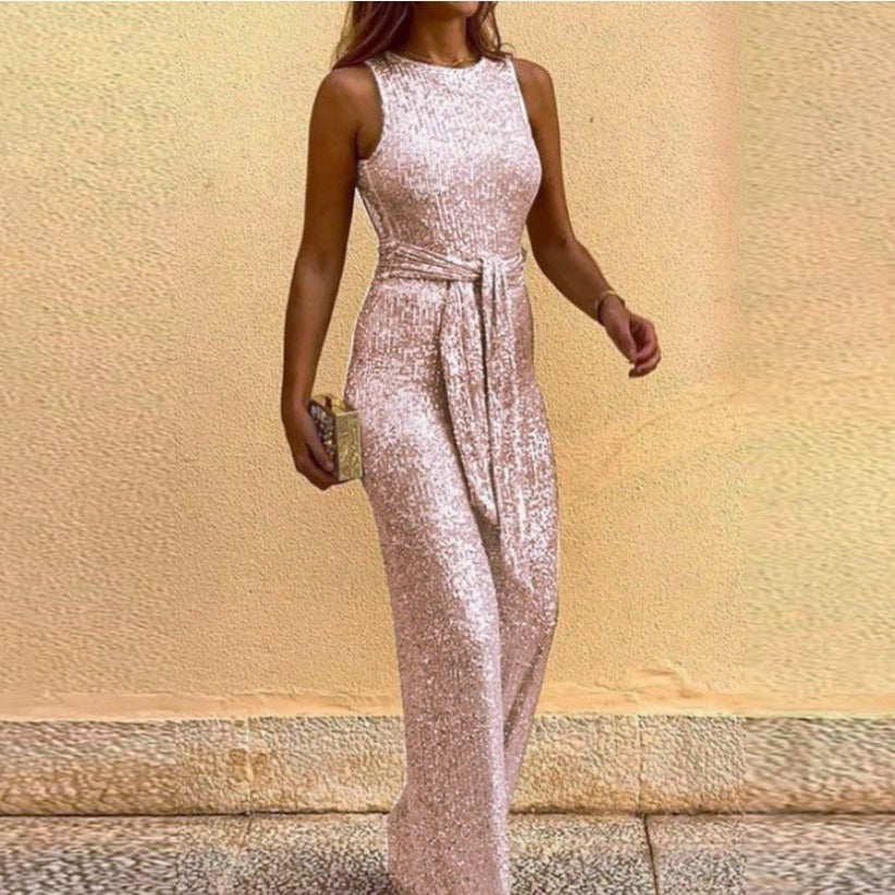 Damen Maxikleid Glänzende Pailletten Elegante Taillenbindung Schwarz - Eveloria