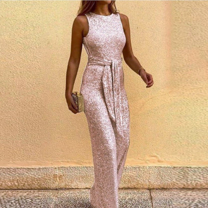 Damen Maxikleid Glänzende Pailletten Elegante Taillenbindung Schwarz - Eveloria