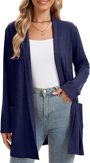 Damen Langarm-Cardigan Offene Front Taschen Beige