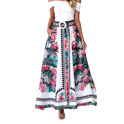 Damen Maxirock Floral Mit Gürtel Eveloria