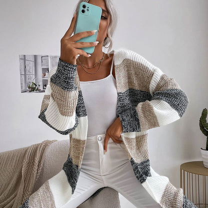 Damen Strickcardigan Lässiges Streifenmuster Offener Schnitt Beige