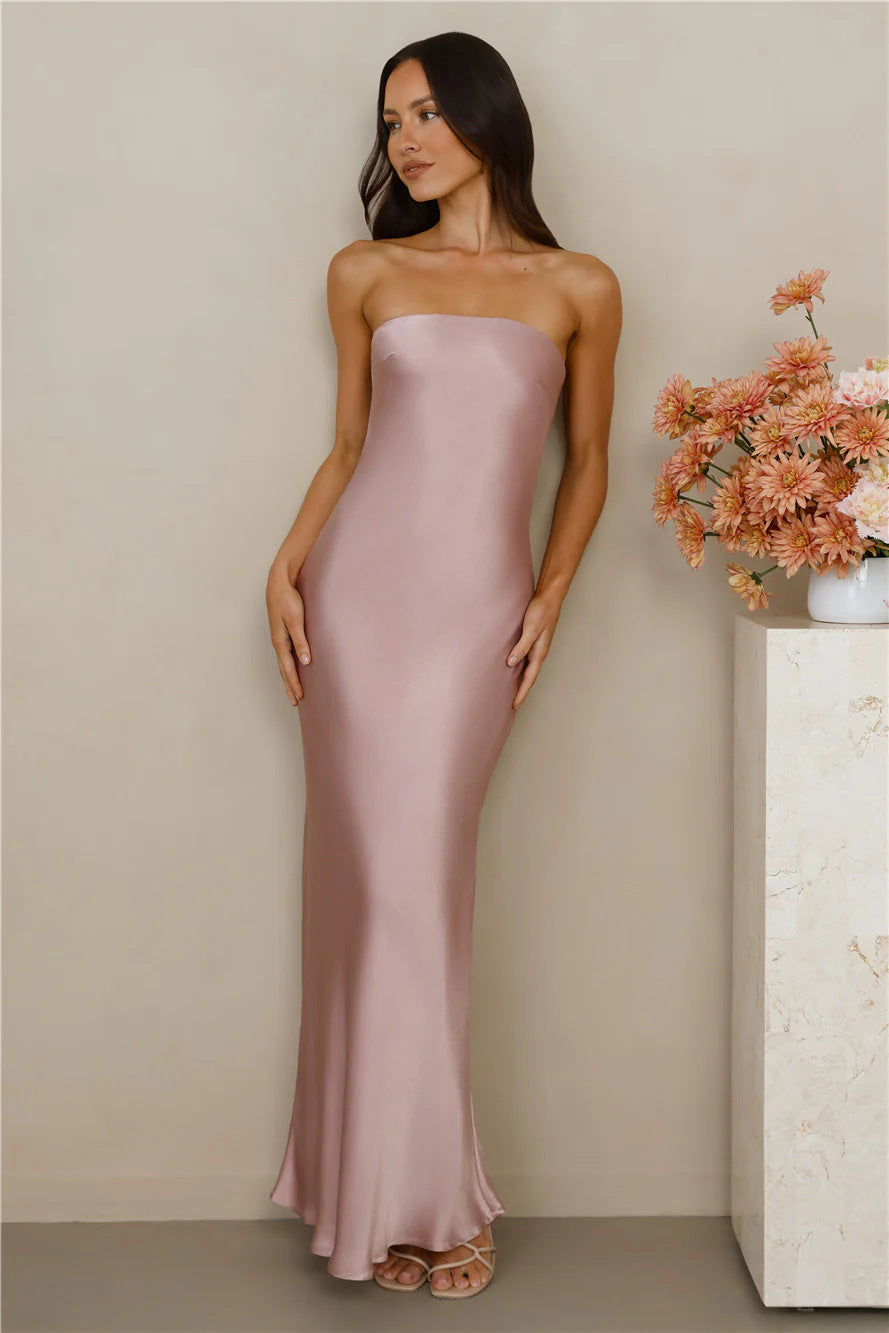 Damen Schulterfreies Maxikleid Satinoptik Elegant Eveloria