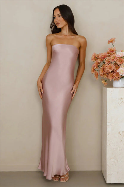 Damen Schulterfreies Maxikleid Satinoptik Elegant Eveloria