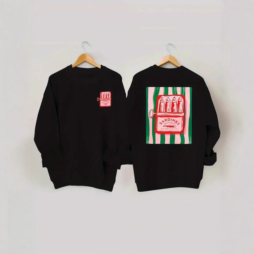 Damen Sweatshirt Sardinen-Grafik Lässig Grau Eveloria