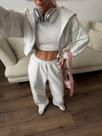 Damen Cropped Sweatoutfit mit Kapuze und Reißverschluss