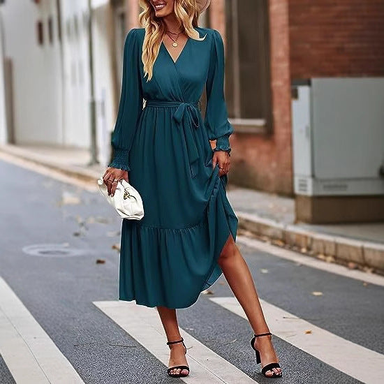 Damen Midi-Kleid V-Ausschnitt Bindegürtel Eveloria