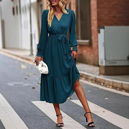 Damen Midi-Kleid V-Ausschnitt Bindegürtel Eveloria