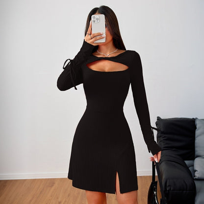 Damen Minikleid Figurbetont Langer Ärmel Cut-Out-Ausschnitt Eveloria