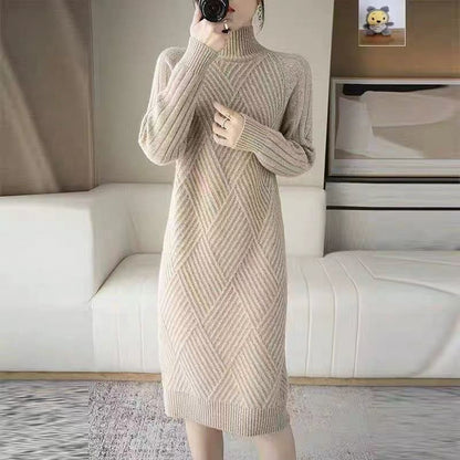 Damen Strickkleid Stehkragen Rippmuster Eveloria