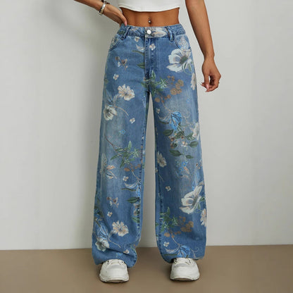 Damen Weite Jeans Florales Design Hoher Bund - Eveloria