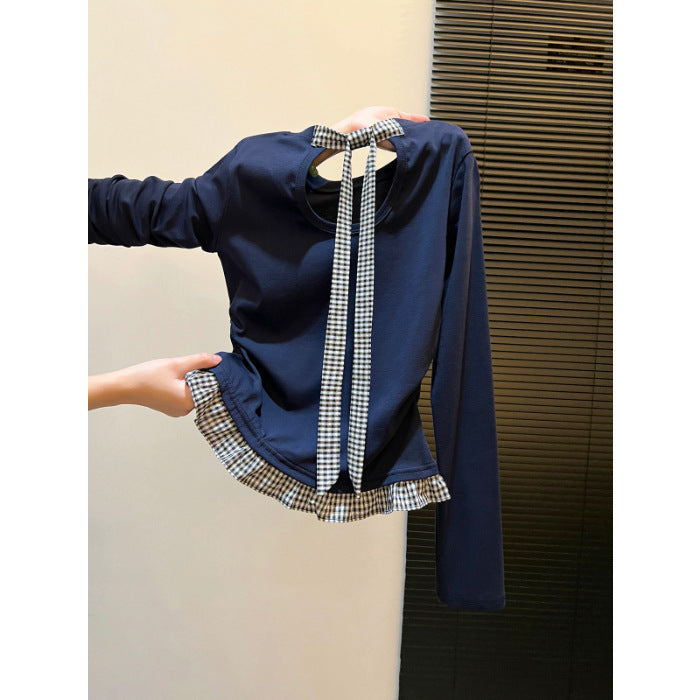 Damen Langarmshirt Asymmetrischer Rüschenrand Dekoratives Rückenteil