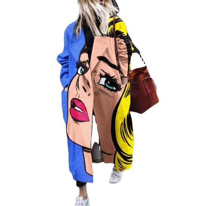 Damen Oversized Mantel Bunt Augenmuster Lässig
