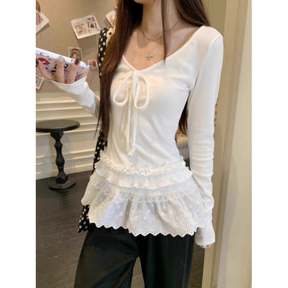 Damen Langarmshirt Rüschendetails Verstellbarer Ausschnitt