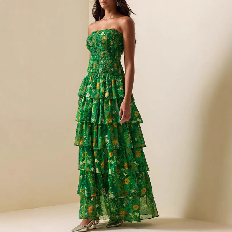 Damen Maxikleid Langärmlig Voluminöse Rüschen Florales Design