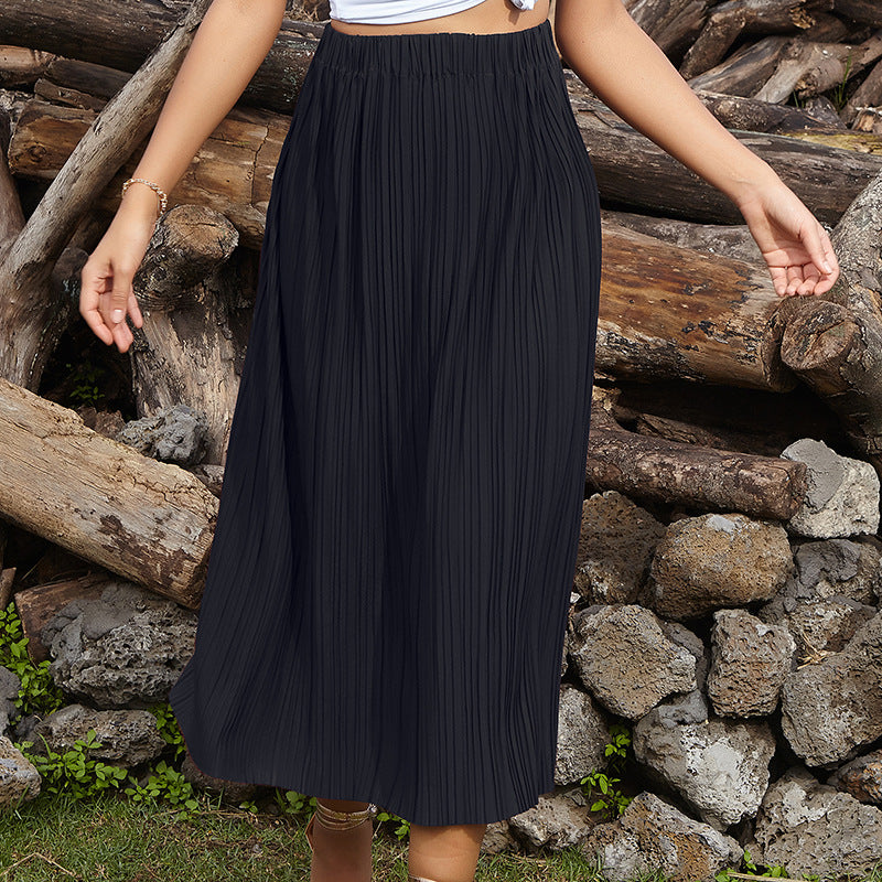 Damen Maxirock Plissee Elastischer Bund Schwarz Eveloria - Eveloria