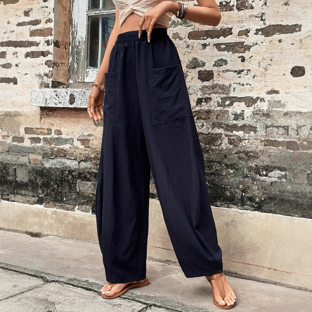 Damen Haremshose Elastischer Bund Weite Bein mit Taschen