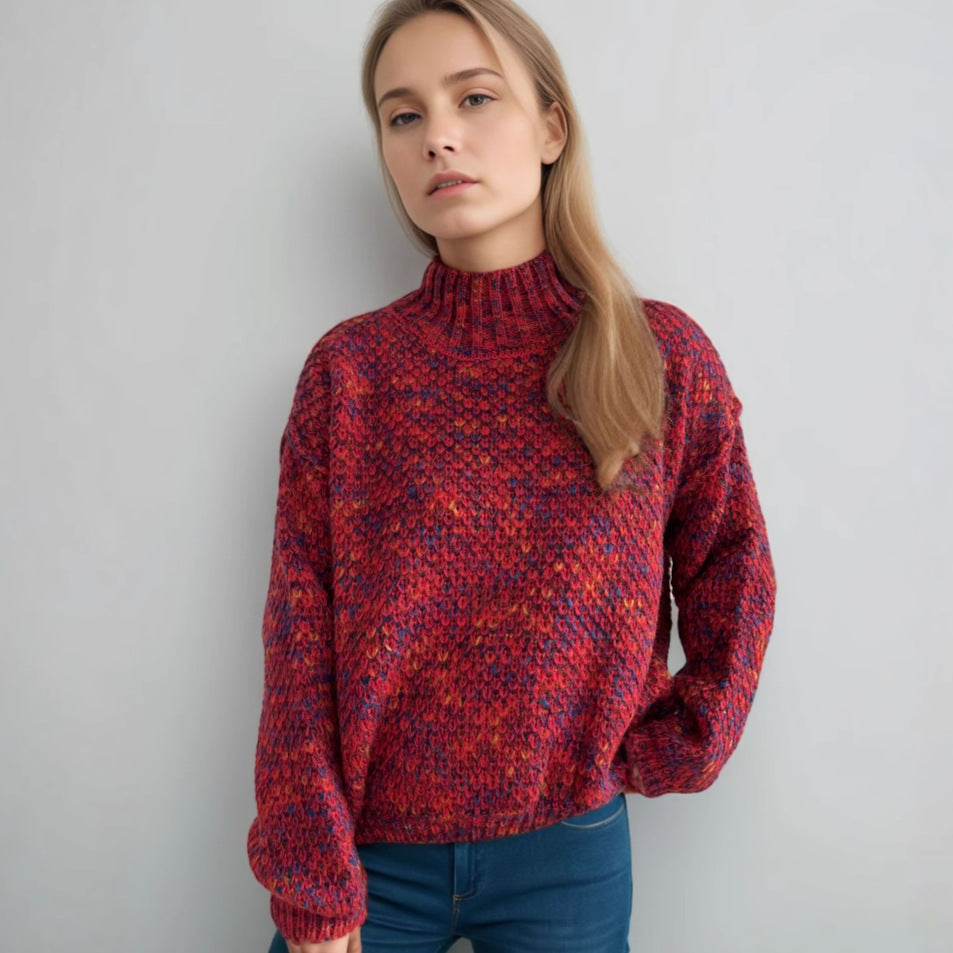 Damen Grobstrickpullover Hochgeschlossener Kragen Luftig Grau Eveloria