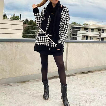 Damen Strickcardigan Hahnentrittmuster Große Knöpfe