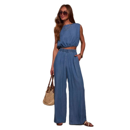 Damen Denim Set Cropped Oberteil Weite Hose Blau Eveloria