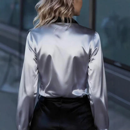 Eveloria Damen Satinbluse Kontrastkragen