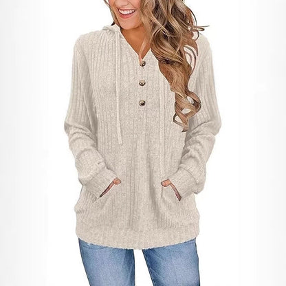 Damen Kapuzenpullover Kuschelfleece Knöpfe Taschen Beige