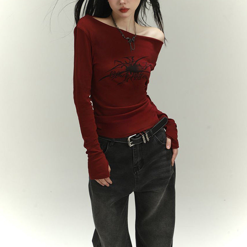 Damen Langarmshirt Asymmetrischer Ausschnitt Grafikdruck Eveloria - Eveloria