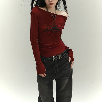Damen Langarmshirt Asymmetrischer Ausschnitt Grafikdruck Eveloria - Eveloria
