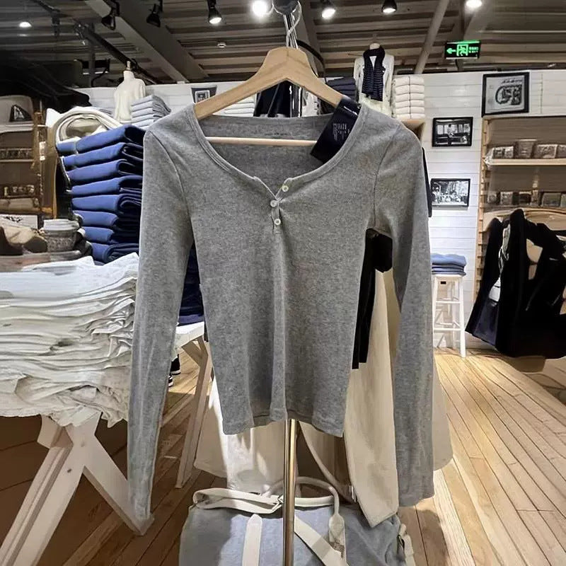Damen Langärmliges Henley-Shirt Weiches Baumwollmix Eveloria