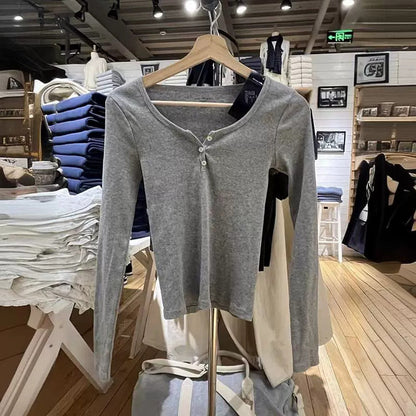Damen Langärmliges Henley-Shirt Weiches Baumwollmix Eveloria
