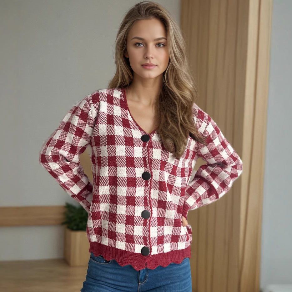 Damen Strickjacke Kontrastmuster Knöpfe Eveloria