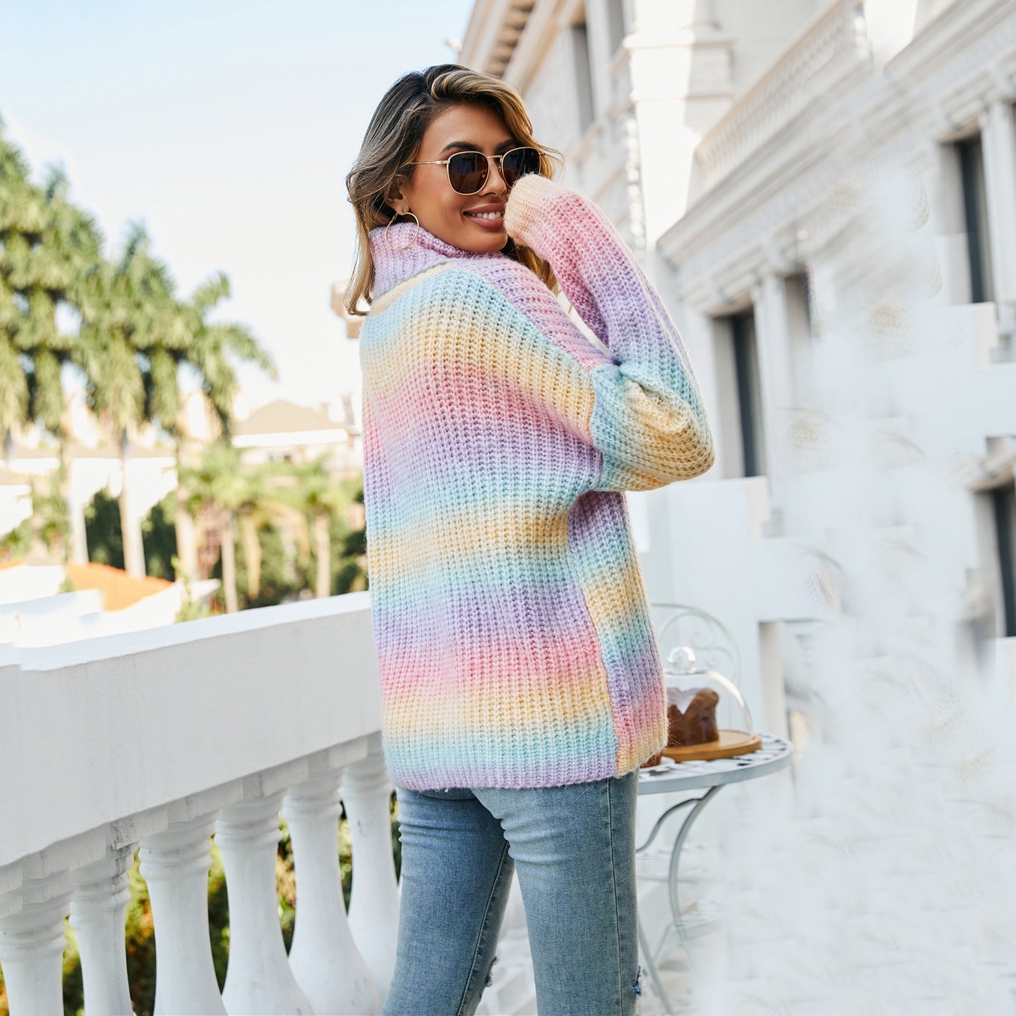 Damen Pullover Weitem Rollkragen Bunt Wellenmuster