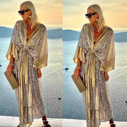 Damen Maxikleid Glitzernd Wickeldesign Fließende Ärmel Eveloria