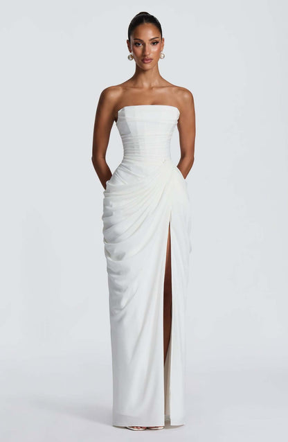 Damen Abendkleid Langarm Asymmetrisch Schlitz Eveloria