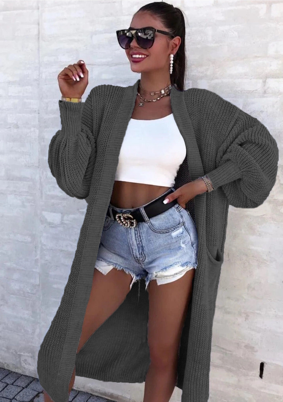 Damen Strickmantel Lang Weite Ärmel Taschen Beige