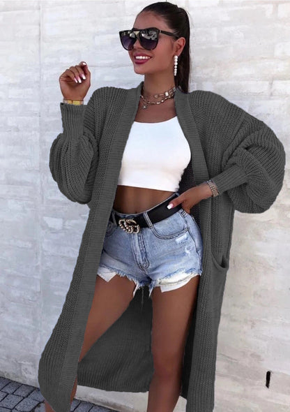 Damen Strickmantel Lang Weite Ärmel Taschen Beige
