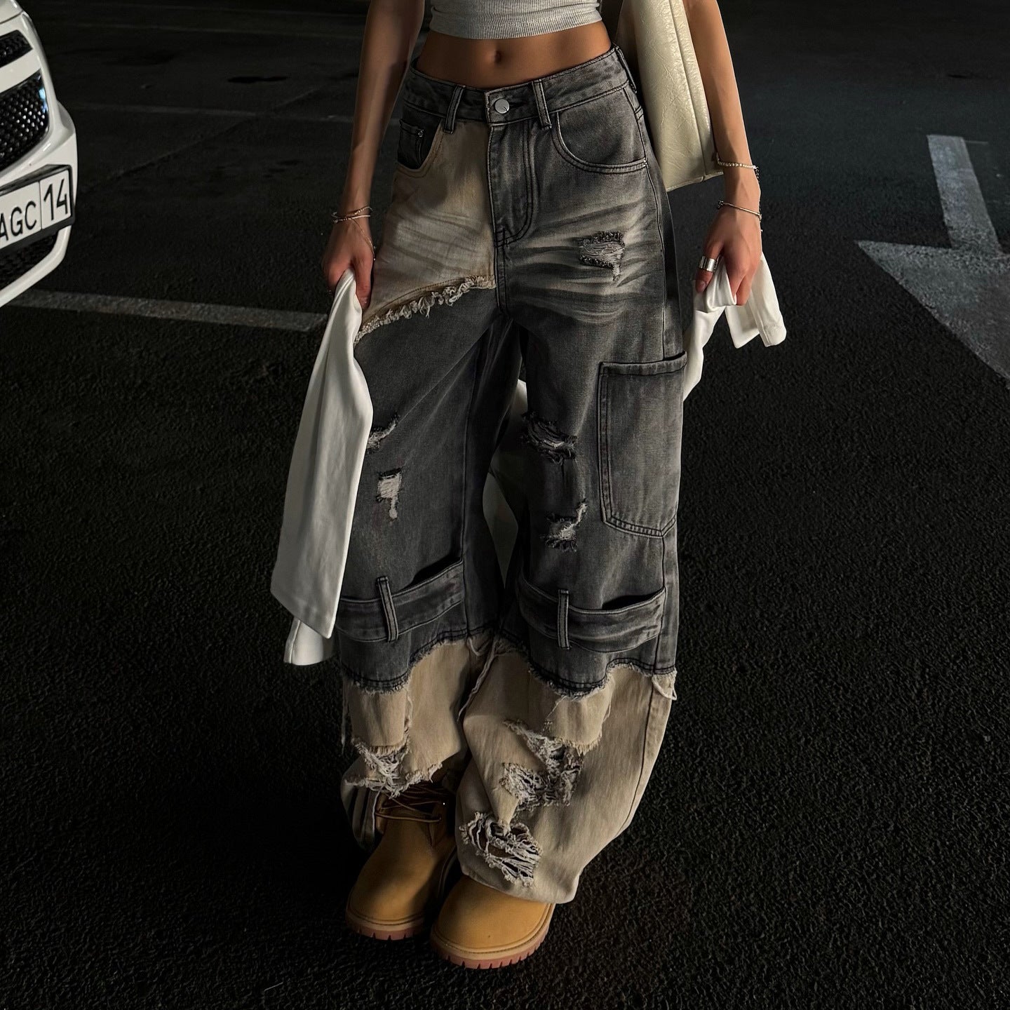 Damen Cargo-Jeans Ausgefranstes Design Tiefes Bein