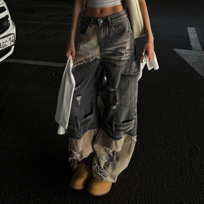 Damen Cargo-Jeans Ausgefranstes Design Tiefes Bein